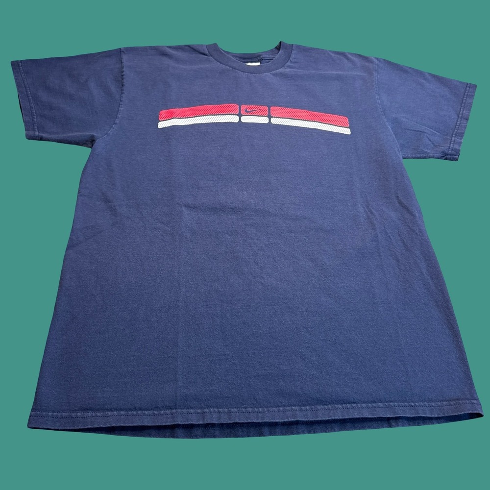 Nike T Shirt Large Navy Red White Swoosh Stripe Graphic Y2K Gray Tag